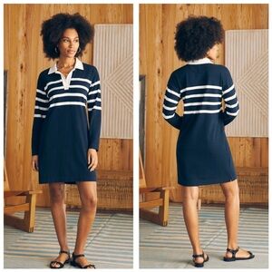 Faherty Rugby  Striped Collared Shirt Dress Navy White Long Sleeve Size L